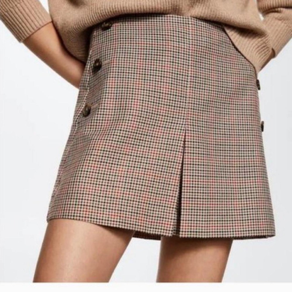 Mango Brown and beige plaid mini skirt with button detai